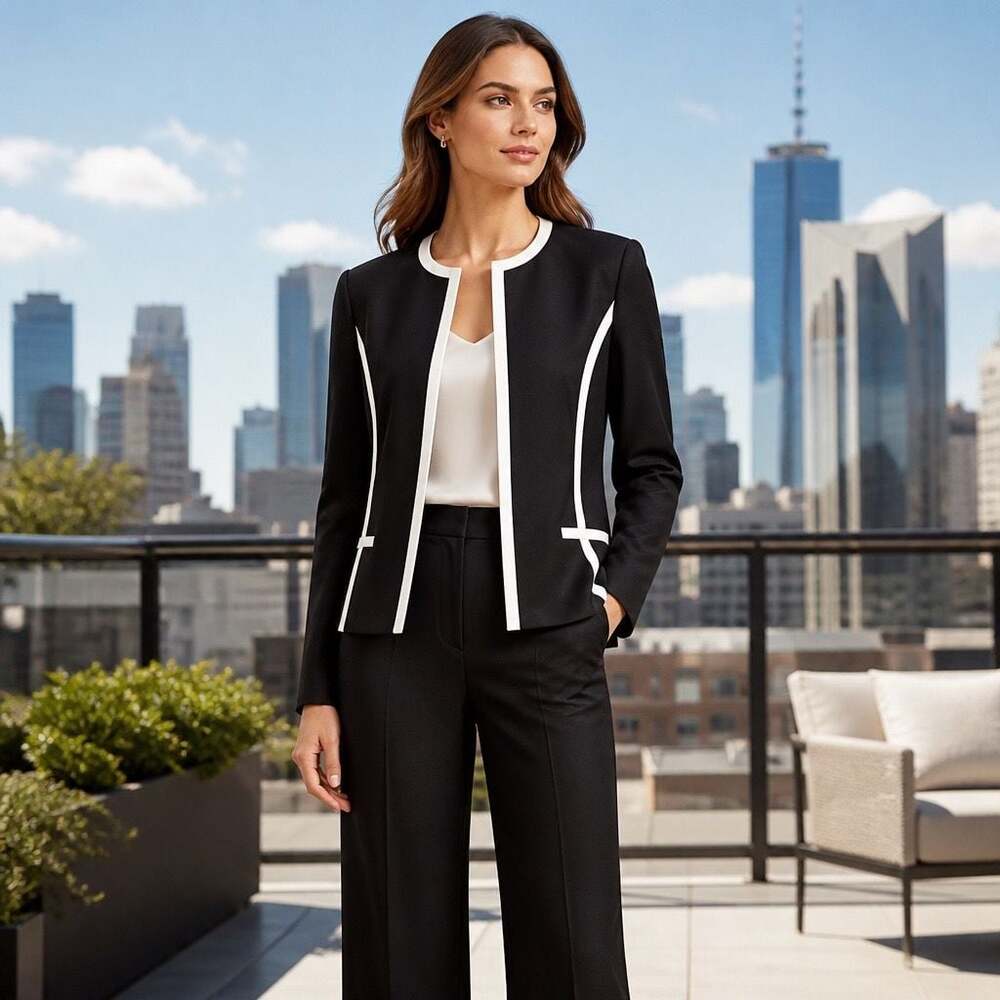 Black Label by Evan-Picone Women's Black and White Trim Open-Front Blazer Jacket